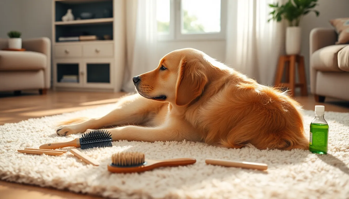 강아지 미용 도구와 함께 미용 받는 강아지 이미지