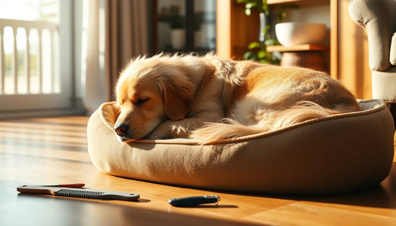 빗질을 받고 있는 행복한 반려견 이미지