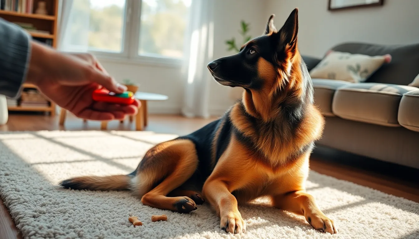 훈련사가 반려견에게 간식을 주며 칭찬하는 모습
